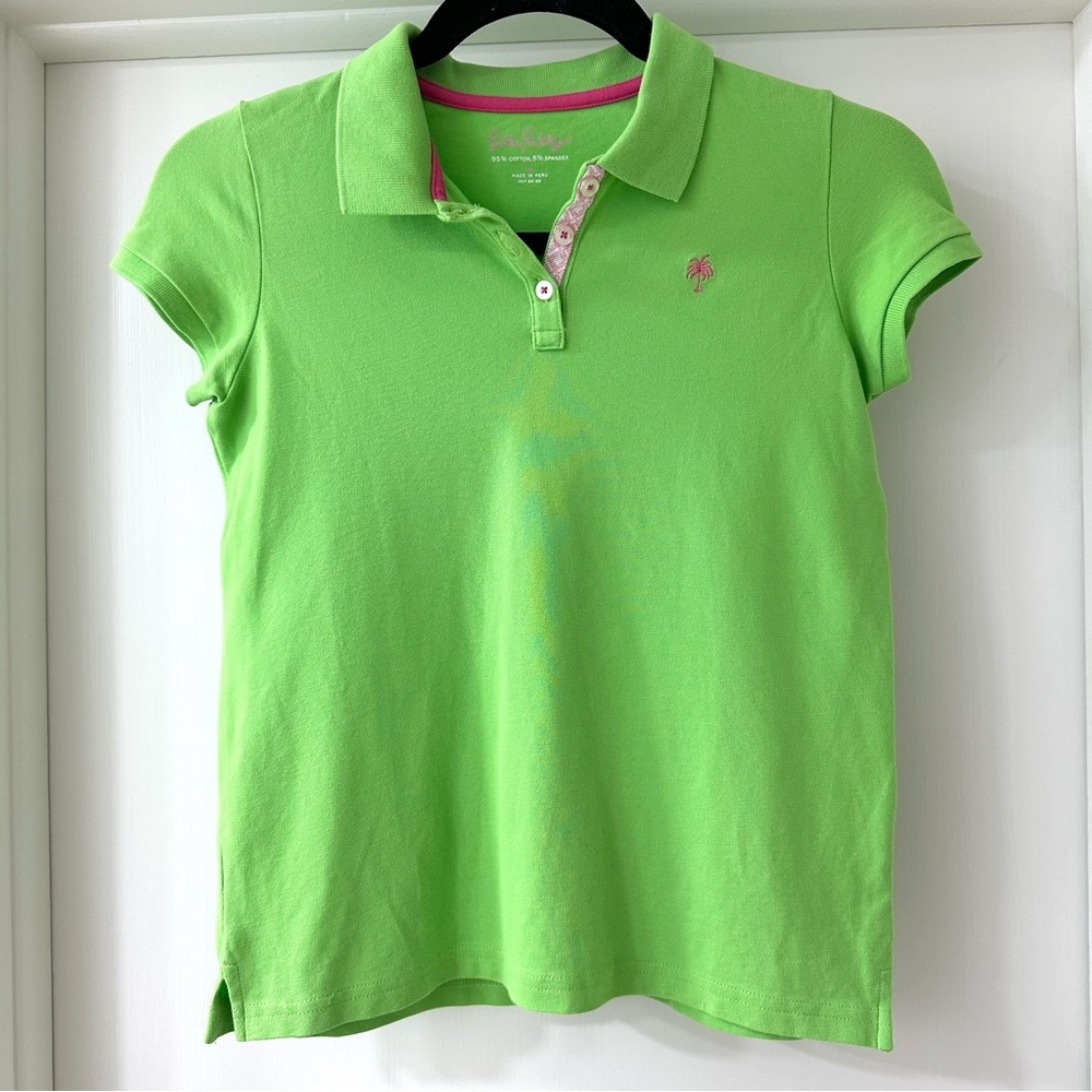 Lilly Pulitzer Girls Lime Green Short Sleeve Polo Shirt with Pink Detail Size 14